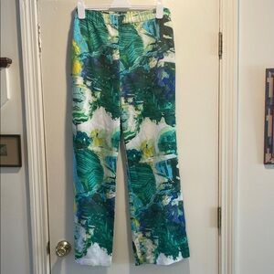 Timeless Naeem Khan Watercolor Abstract Green and Blue Wide Leg Pull Up Pants